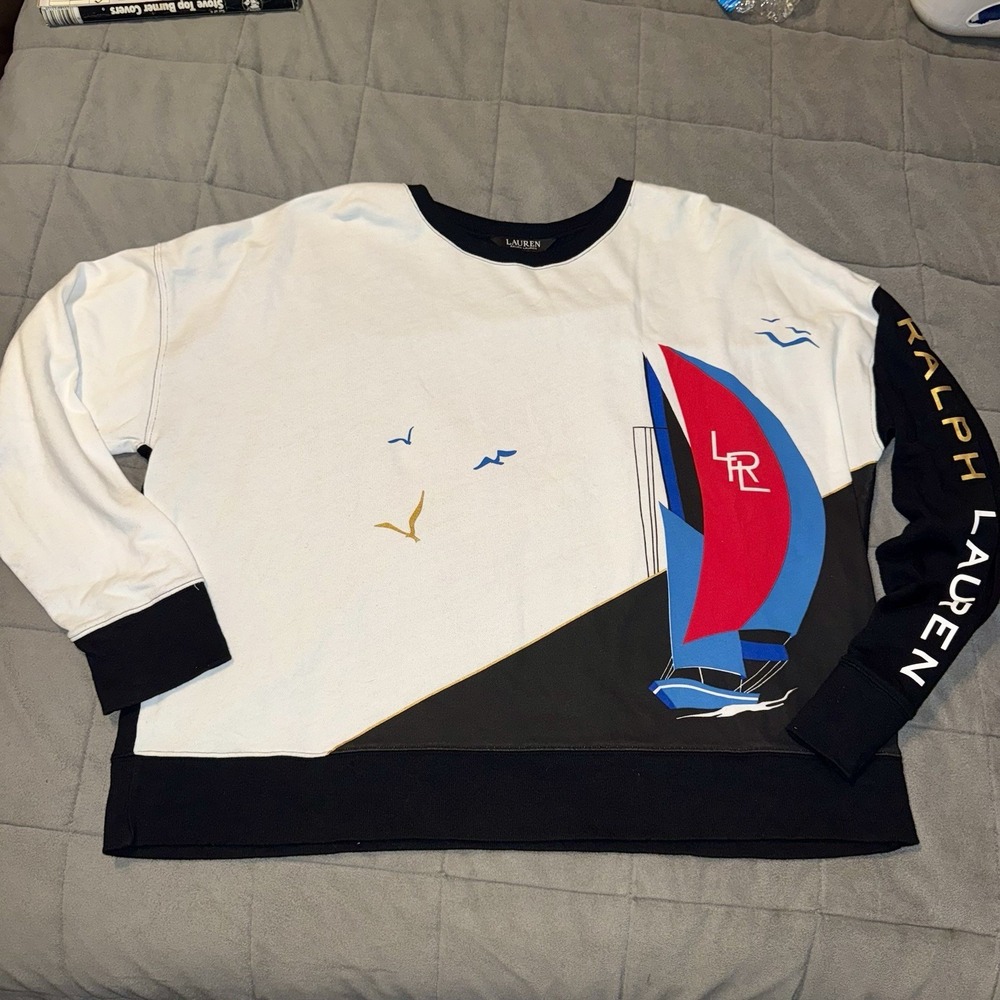 Lauren Ralph Lauren Top Women's XL Graphic Boat Logo Black White‎ Black Label